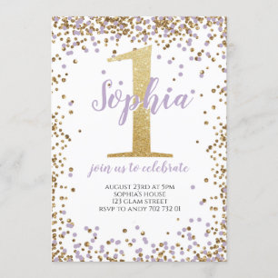 Invitación Chica Confetti de Lavanda Púrpura Primer Día de Or