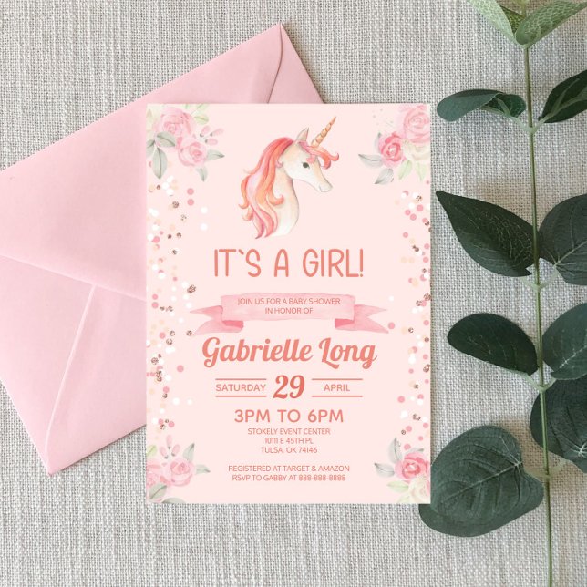 Invitación Chica Confetti de Purpurina de Unicornio rosa Baby (Subido por el creador)
