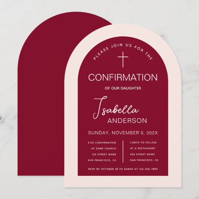 Invitación Chica Confirmación Arco moderno Borgoña Rosa (Anverso / Reverso)
