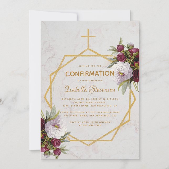Invitación Chica Confirmación Borgoña Red Peonies Marble Gold (Anverso)