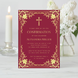 Invitación Chica Confirmación Burgundy Faux Gold Cross Elegan