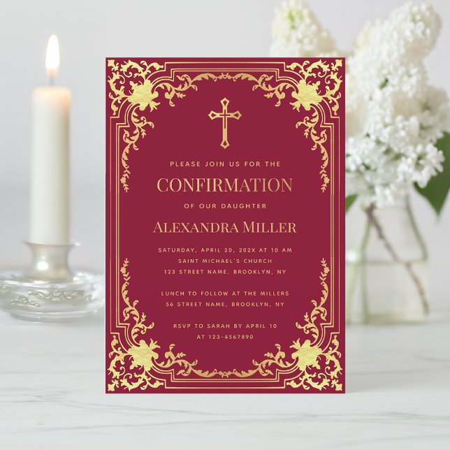 Invitación Chica Confirmación Burgundy Faux Gold Cross Elegan (Subido por el creador)