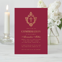 Invitación Chica Confirmación Burgundy Faux Gold Vintage Escu