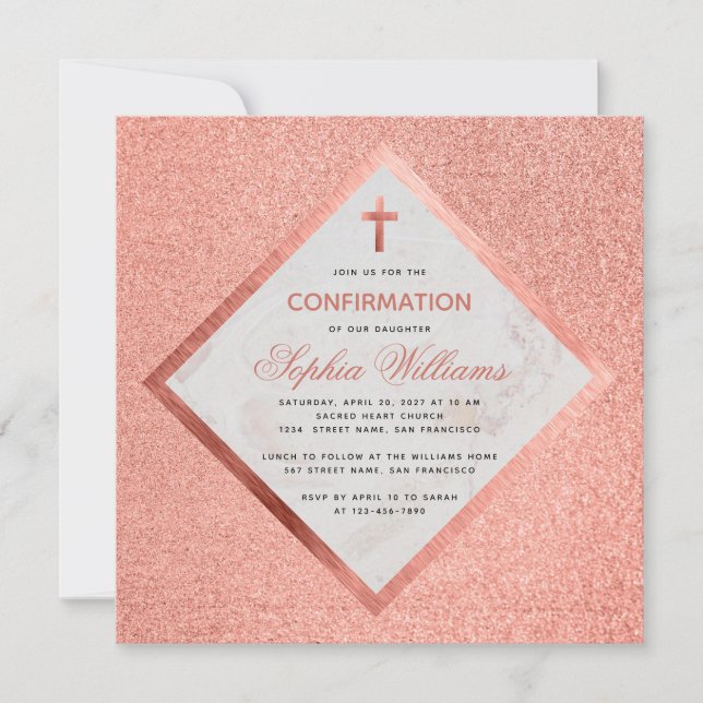 Invitación Chica Confirmación Cruz de Mármol de Oro Rosa Rosa (Anverso)