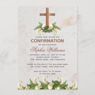 Invitación Chica Confirmación de cobre Cruz Calla Lilies Márm