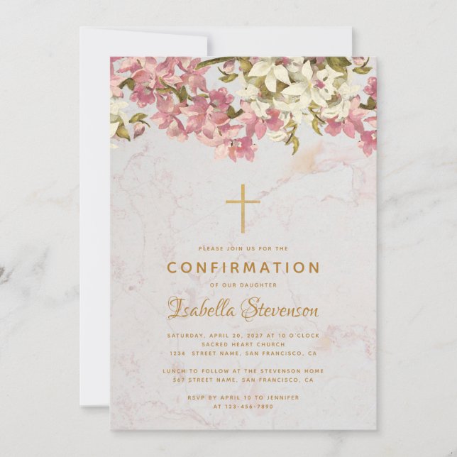 Invitación Chica Confirmación Floral Cruz de orquídeas rosada (Anverso)