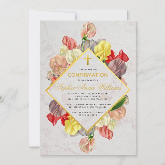 Invitación Chica Confirmación Gold Marble Sweet Peas Floral (Anverso)