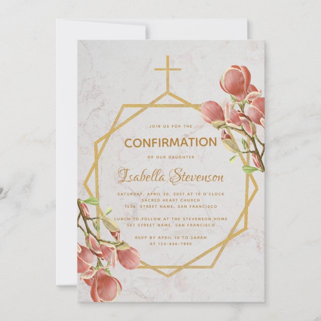 Invitación Chica Confirmación Gold Pink Magnolia Marble Flora (Anverso)