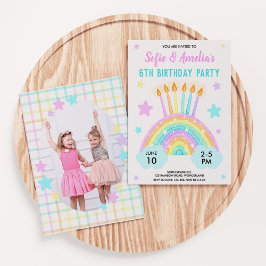 Invitación Chica Conjunta De Cumpleaños Tema Del Arcoiris Con