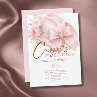 Invitación Chica Coqueta Rosa Letra Script Vaquera Cumpleaños
