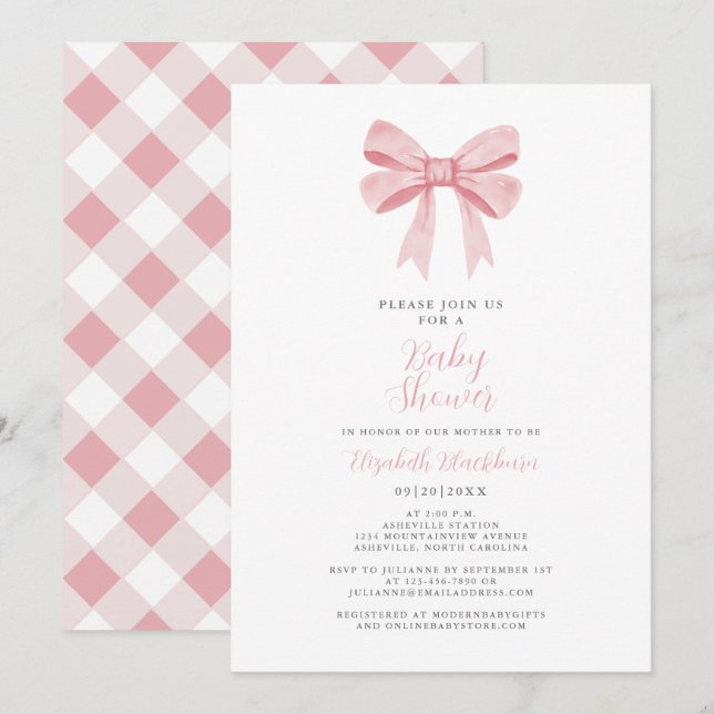 Invitación Chica Coquette para Baby Shower de lazo rosa Elega (Anverso / Reverso)