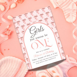 Invitación Chica Coquette Pink Bow Primer cumpleaños