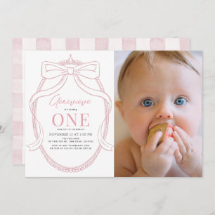 Invitación Chica Coquette Pink Bow Tiara Primer cumpleaños
