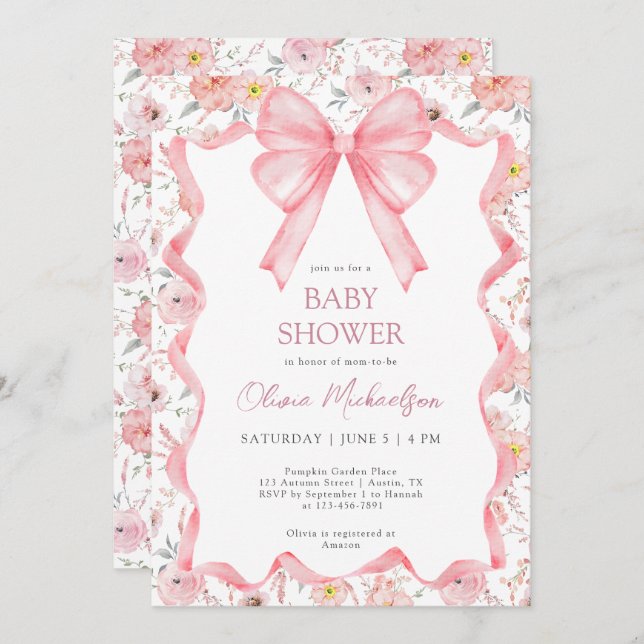 Invitación Chica Coquette Pink Floral Ribbon Baby Shower (Anverso / Reverso)