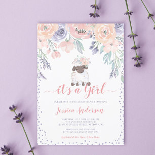 Invitación Chica Cordero Cumpleaños Bebé Flores Rosa Púrpura