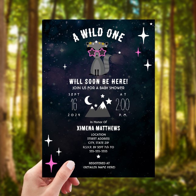 Invitación Chica Cósmico Raccoon Wild One Pink Baby Shower (Subido por el creador)