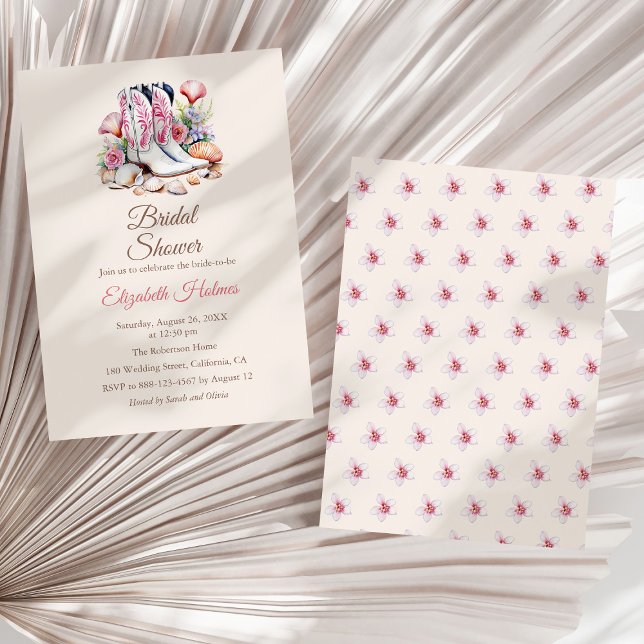 Invitación Chica costera Boots Bridal Shower (Coastal Cowgirl Boots Bridal Shower Invitation on a white dry palm leaf.)
