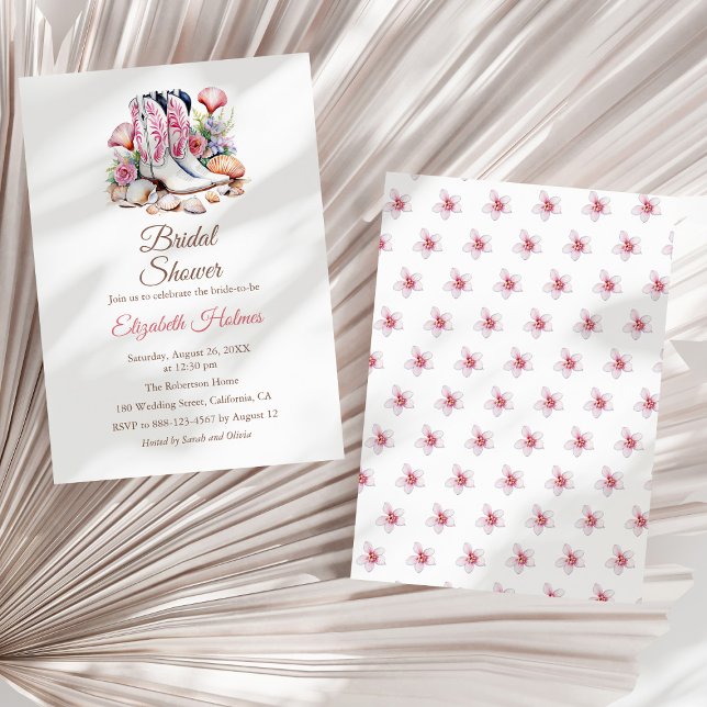 Invitación Chica costera Boots Bridal Shower (Coastal Cowgirl Boots Bridal Shower Invitation on a white dry palm leaf.)