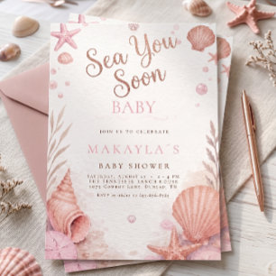 Invitación Chica Costera del Mar Rosa Te Veremos Pronto Baby 