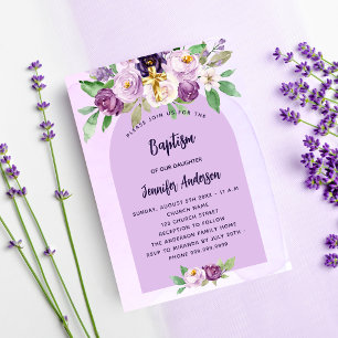 Invitación Chica cruzado de flores violetas de bautismo