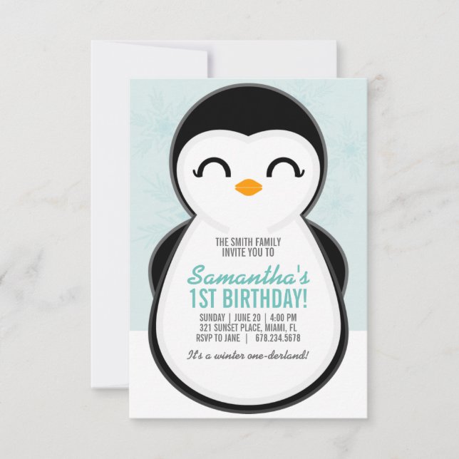 Invitación chica CUALQUIER EDAD invierno PENGUIN CUMPLEAÑOS l (Anverso)