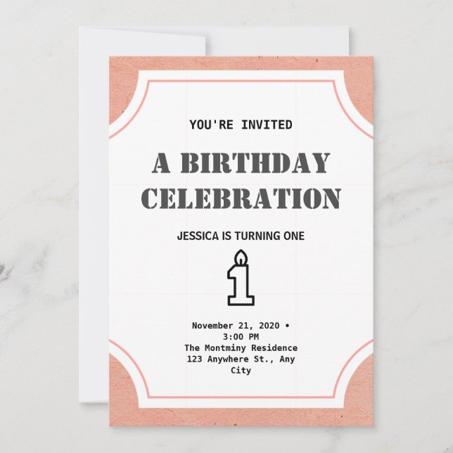 Invitación Chica cumple un simple y elegante primer cumpleaño (Anverso)