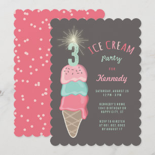 Invitación Chica Cumpleaños 3 Fiesta de Helado de Menta Rosa 