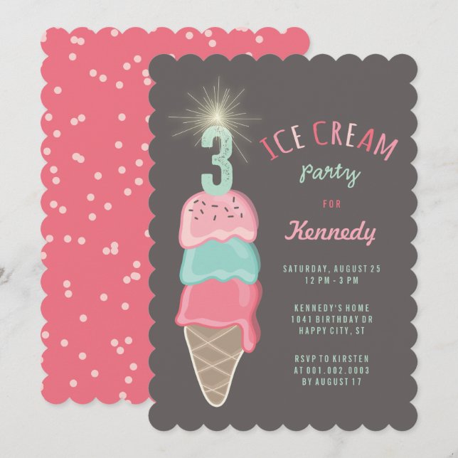 Invitación Chica Cumpleaños 3 Fiesta de Helado de Menta Rosa  (Anverso / Reverso)