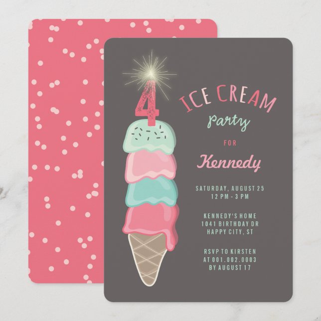 Invitación Chica Cumpleaños 4 Helado Rosa Pastel y Menta Part (Anverso / Reverso)