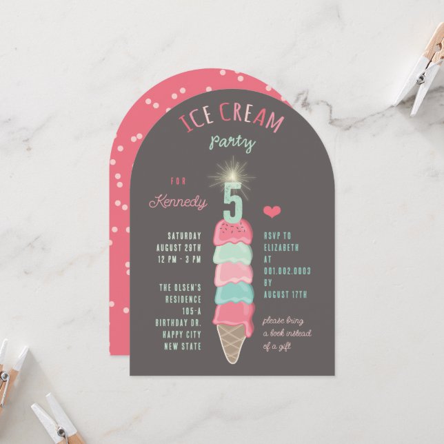 Invitación Chica Cumpleaños 5 Pastel Helado de Menta Rosa Pas (Anverso/Reverso In Situ)