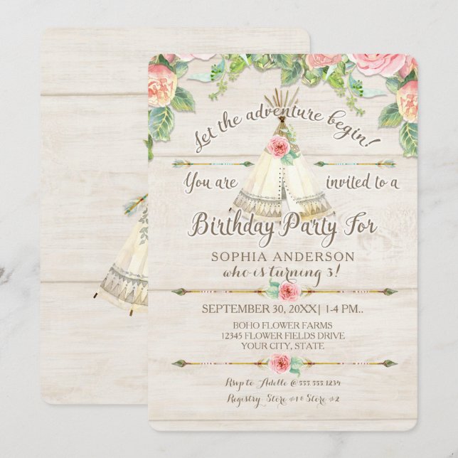 Invitación Chica Cumpleaños Adventure BOHO Teepee Arrow Wood (Anverso / Reverso)