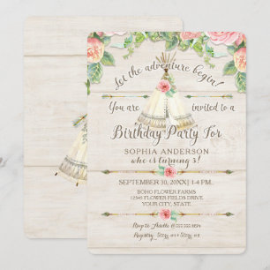 Invitación Chica Cumpleaños Adventure BOHO Teepee Arrow Wood
