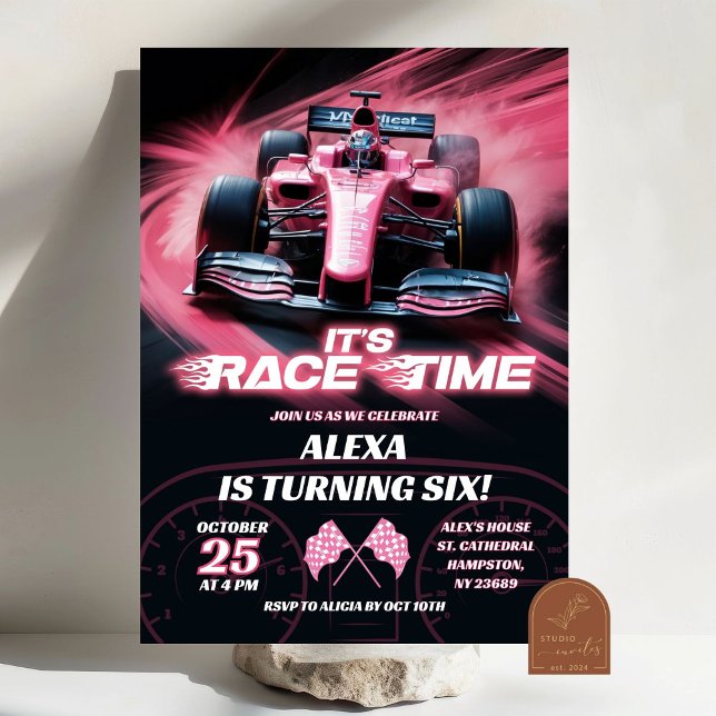 Invitación Chica Cumpleaños Auto de Carreras F1 Rosa (Subido por el creador)