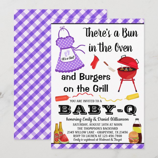 Invitación Chica Cumpleaños Barbacoa Morado (Anverso / Reverso)