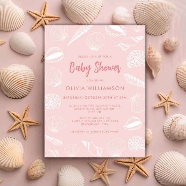 Invitación Chica Cumpleaños Bebé Conchas Mar Océano Playa (Pale pink sea shell baby shower invitation, ideal for beach ocean theme baby girl mom to be.)