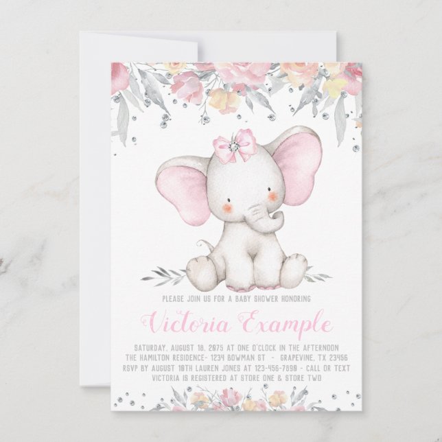 Invitación Chica Cumpleaños Bebé Elefante Flor Diamante (Anverso)