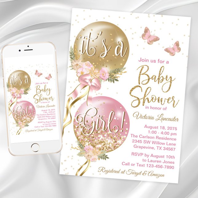 Invitación Chica Cumpleaños Bebé Shower (Girl balloon and butterfly pink and gold baby shower invitation. Digital and printed available.)