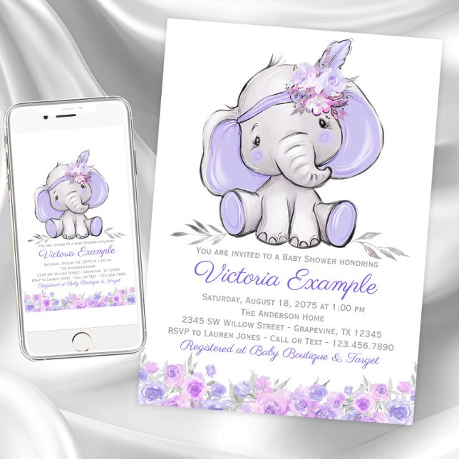 Invitación Chica Cumpleaños Boho Elefante Morado Baby Shower (Girl purple elephant baby shower invitations. Instant download and printed invitations available.)