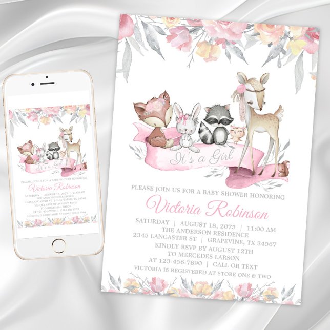Invitación Chica Cumpleaños Bosque Animales Baby Shower (Girl sweet woodland baby shower invitations. Instant download and printed invitations available.)