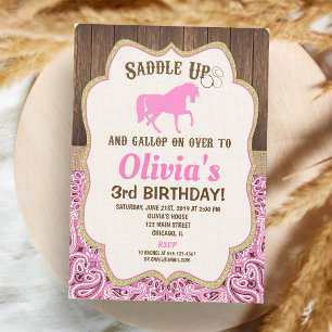 Invitación Chica Cumpleaños Caballo Rústico Oro Rosa