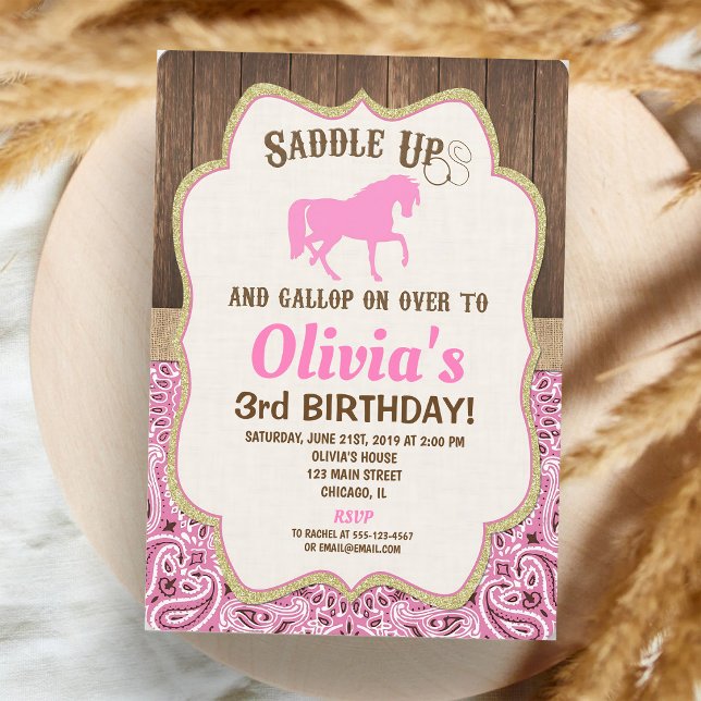 Invitación Chica Cumpleaños Caballo Rústico Oro Rosa (Subido por el creador)