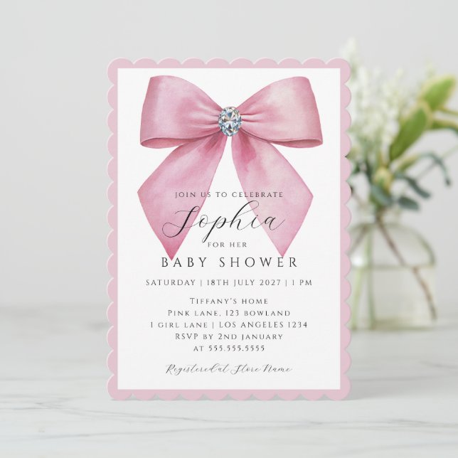 Invitación Chica Cumpleaños con Lazo Rosa  (Anverso de pie)