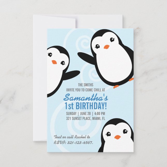 Invitación Chica Cumpleaños de Pingüino de Invierno Fiesta Ev (Anverso)