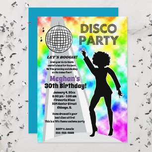 Invitación Chica Cumpleaños Disco Tie Dye Arcoíris Retro