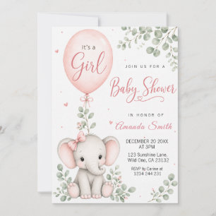 Invitación Chica Cumpleaños Elefante Acuarela Rosa & Invitaci
