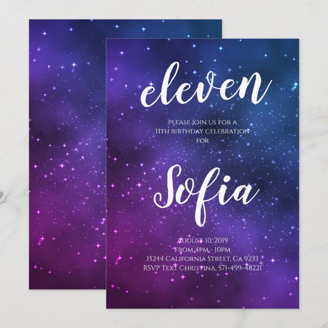 Invitación Chica Cumpleaños Estrellas Púrpuras Galaxia Univer (Anverso / Reverso)