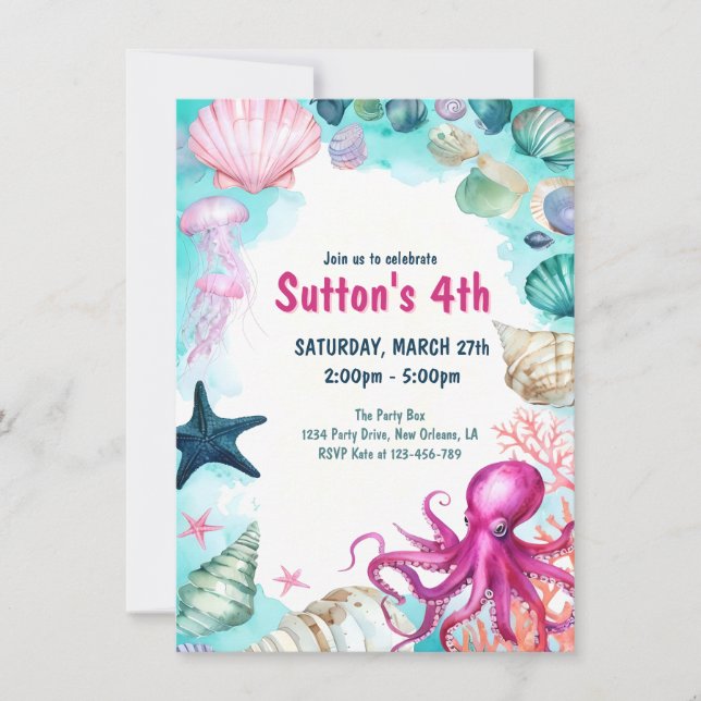 Invitación Chica Cumpleaños Fiesta Bajo el Mar (Anverso)