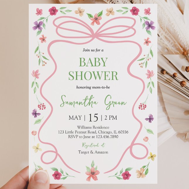 Invitación Chica Cumpleaños Fiesta de Bebé con Lazo Rosa (Subido por el creador)