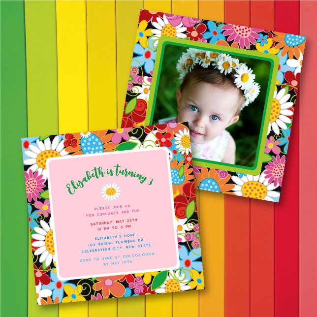 Invitación Chica Cumpleaños Fiesta de Fotos de Flores de Prim (Subido por el creador)