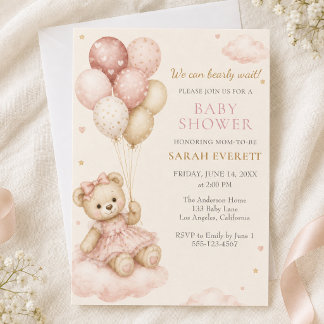 Invitación Chica Cumpleaños Globo Oso de Peluche Rosa Fiesta
